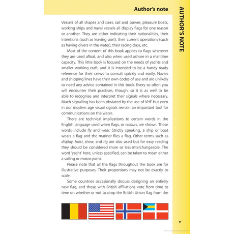 The "Author's Note" page in the Reeds Maritime Flag Handbook delves into the distinctive signals employed by vessels, concentrating on maritime flags and signals for small crafts. The vertical sidebar on the right features "Author's Note.