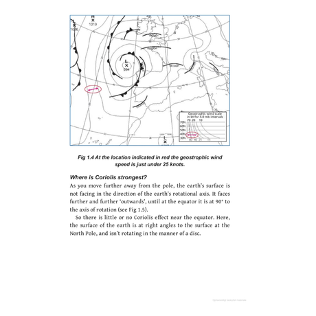 The Reeds Ocean Handbook provides a weather map highlighting geostrophic wind speeds in red, arranged in a circular pattern around a central point. The accompanying text explains the Coriolis effect's variance, noting its minimal influence near the equator and increased impact towards the poles—essential information for planning ocean voyages.