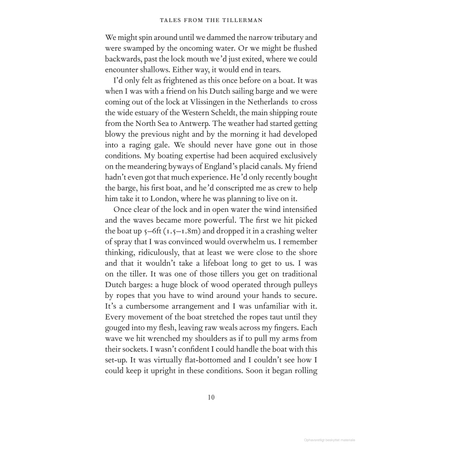 Page from "Tales from the Tillerman" by Adlard Coles describes a narrow tributary journey on a Dutch sailing barge from Vlissingen, navigating intricate inland waterways, and recounts a friend's experience transporting a narrowboat to London.