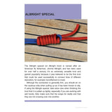 Image of a red and blue rope tied with the Albright special knot from Reeds Knot Handbook, detailing its origin, uses in sailing, and caution for potential slip when pulling. Essential for boaters by Reeds.