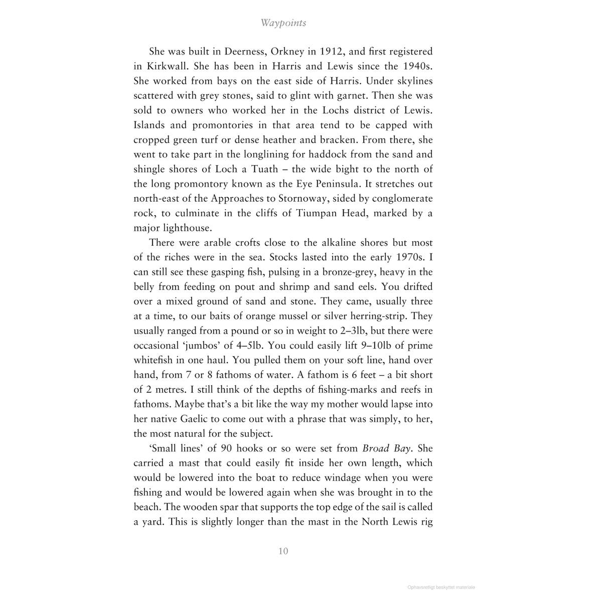 The "Waypoints" page from Adlard Coles narrates a woman's maritime experiences fishing on Harris's west side, vividly depicting the breathtaking landscapes of Scotland's Eye Peninsula and Little Minch.