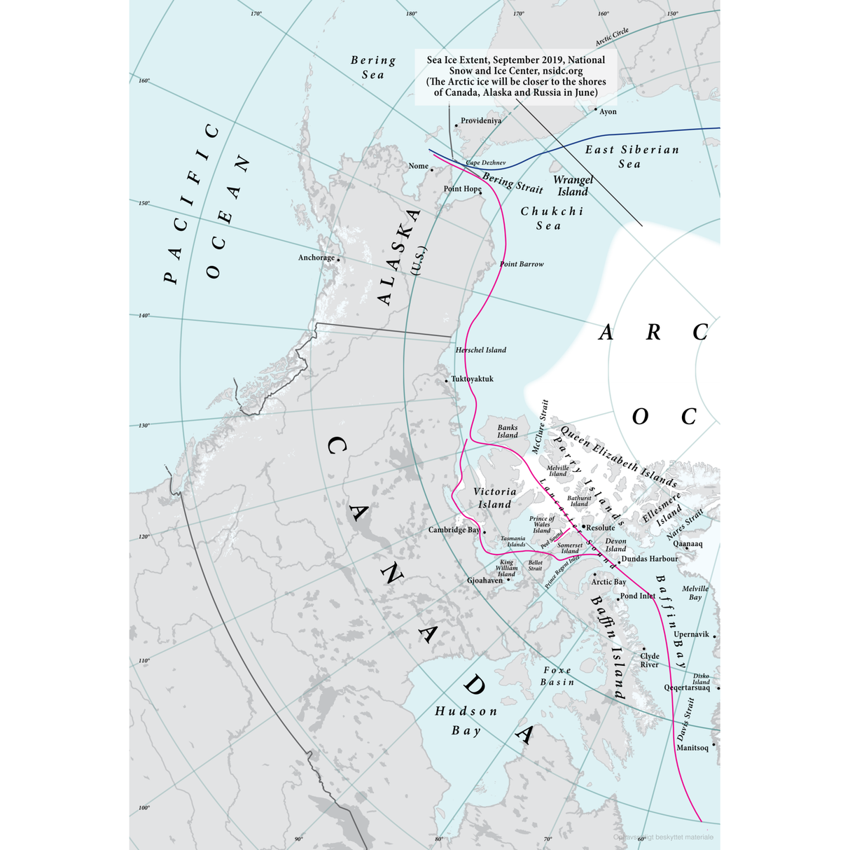 Map illustrating sea ice extent for September 2019 across the Arctic regions of Canada, Russia, and Alaska. Notable areas such as Victoria Island and Hudson Bay are highlighted, with pink lines denoting ice coverage—perfect conditions for honing skills in High Latitude Sailing with Adlard Coles and mastering cold-water navigation. Labels indicate ocean currents and major cities.