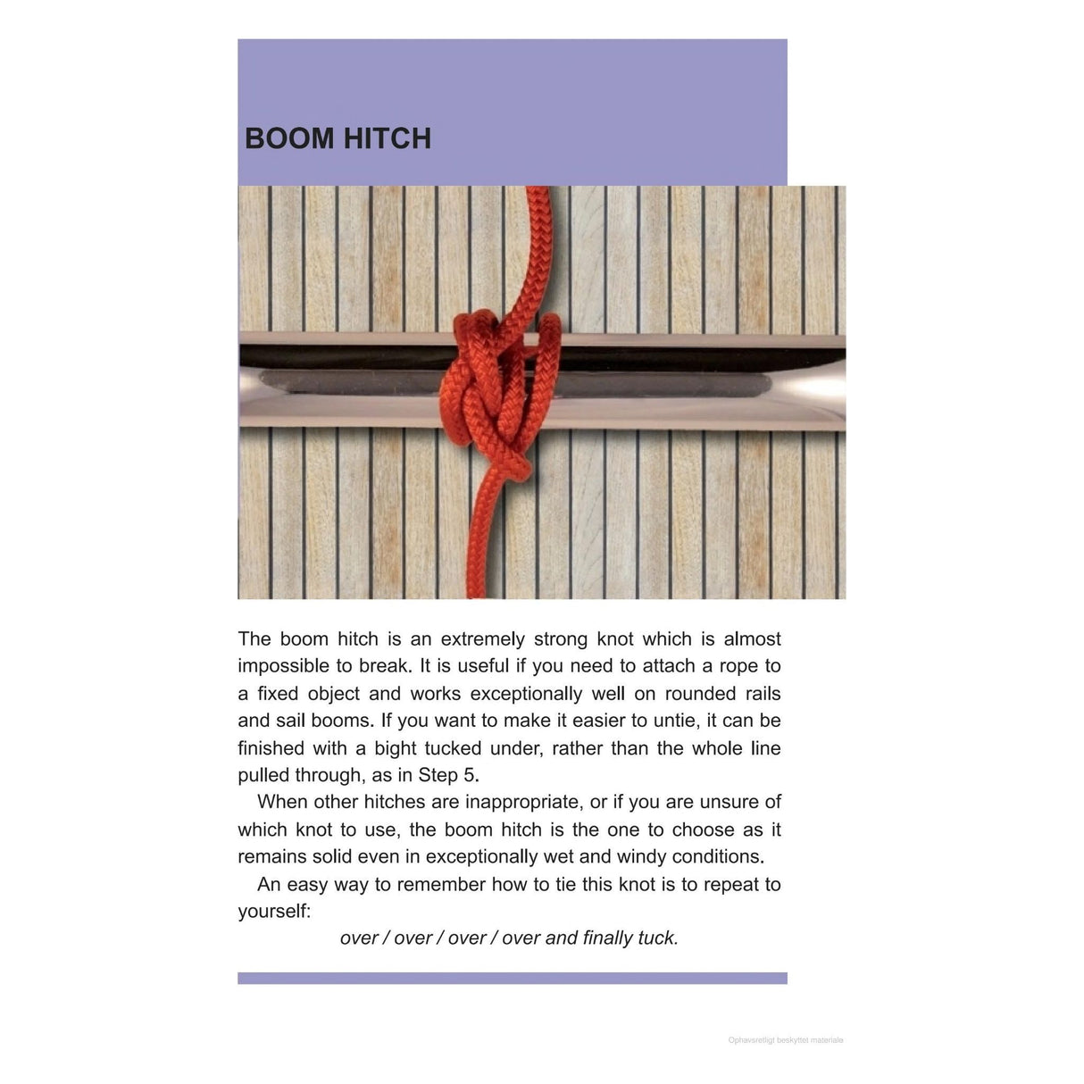 The Reeds Knot Handbook offers a step-by-step guide to tying the boom hitch knot, ideal for boaters. An image within depicts a red rope secured on wood, illustrating each step to craft an almost unbreakable knot suitable for wet and windy sailing conditions.