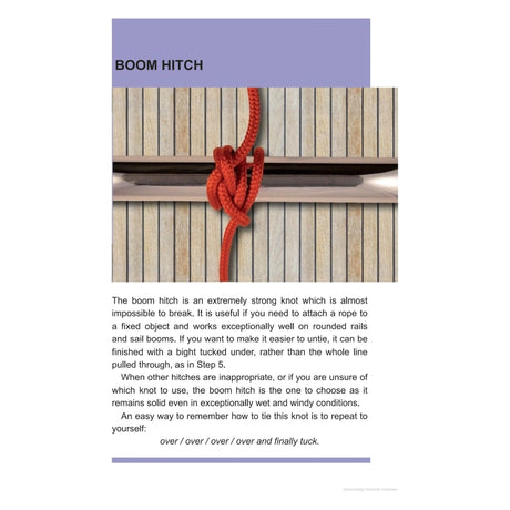 The Reeds Knot Handbook offers a step-by-step guide to tying the boom hitch knot, ideal for boaters. An image within depicts a red rope secured on wood, illustrating each step to craft an almost unbreakable knot suitable for wet and windy sailing conditions.