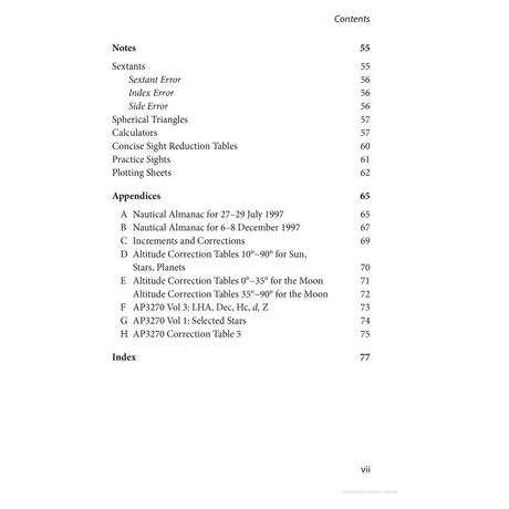 The contents page of "Celestial Navigation for Yachtsmen" by Adlard Coles includes sections on notes, sextants, celestial navigation with triangles, calculators, plotting sheets, and appendices like nautical almanacs and correction tables. Page numbers are included.