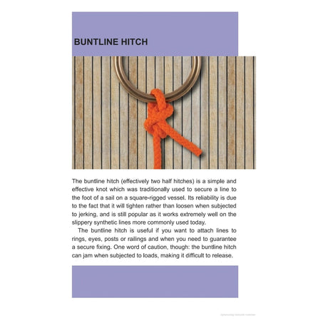 The Reeds Knot Handbook showcases a rope in a buntline hitch knot attached to a metal ring on wood. Ideal for boaters, it emphasizes the knot's effectiveness on synthetic lines, highlighting its essential role in sailing reliability.