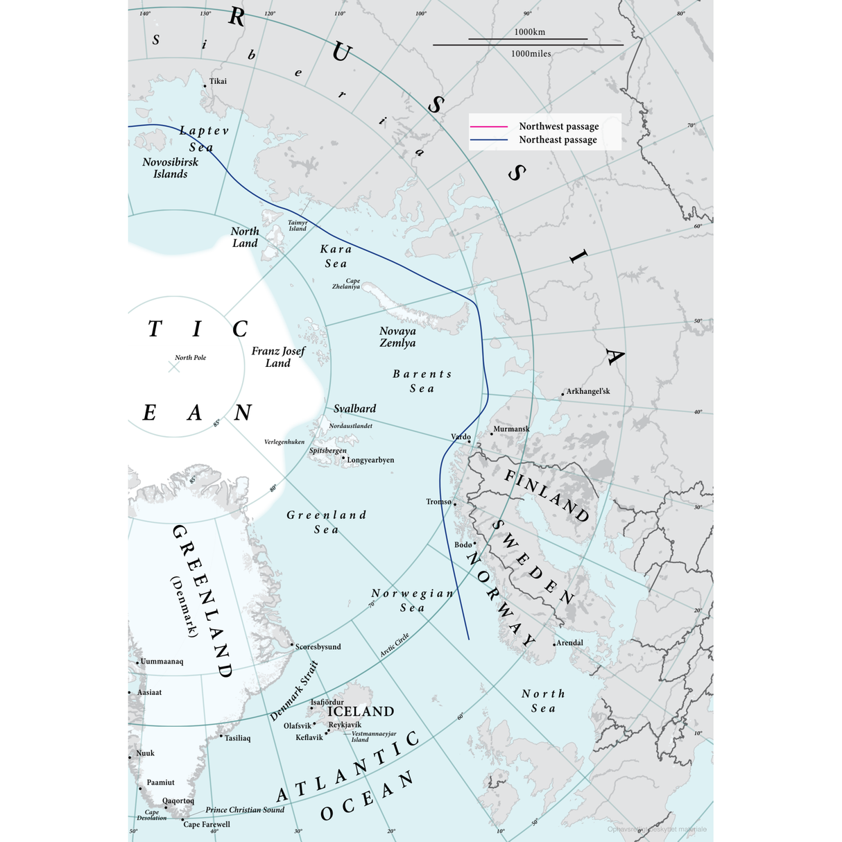 Adlard Coles' "High Latitude Sailing" map of the Arctic region illustrates the Northwest and Northeast Passages, detailing sections of Canada, Greenland, Scandinavia, and Russia. The Arctic Ocean and adjacent seas are labeled, with key ice navigation routes marked in pink and blue lines.