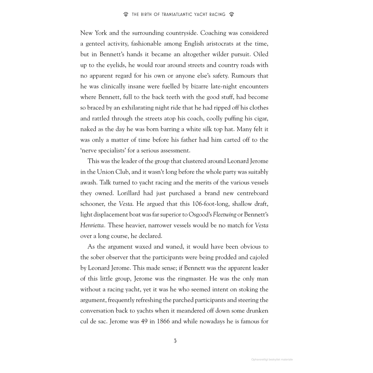 A page in "Gordon Bennett and the First Yacht Race Across the Atlantic" by Adlard Coles highlights Leonard Jerome and James Gordon Bennett's impact on modern yachting, detailing yacht races' transformation amid New York's scenic countryside.