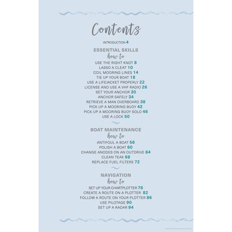 The table of contents page from the Adlard Coles publication, "Motor Boating Basics," highlights key topics such as essential skills, motor boating, boat maintenance, and navigation. It includes sections on knot tying, using boat equipment, and plotting routes with corresponding page numbers. Blue decorative elements embellish the top and bottom.