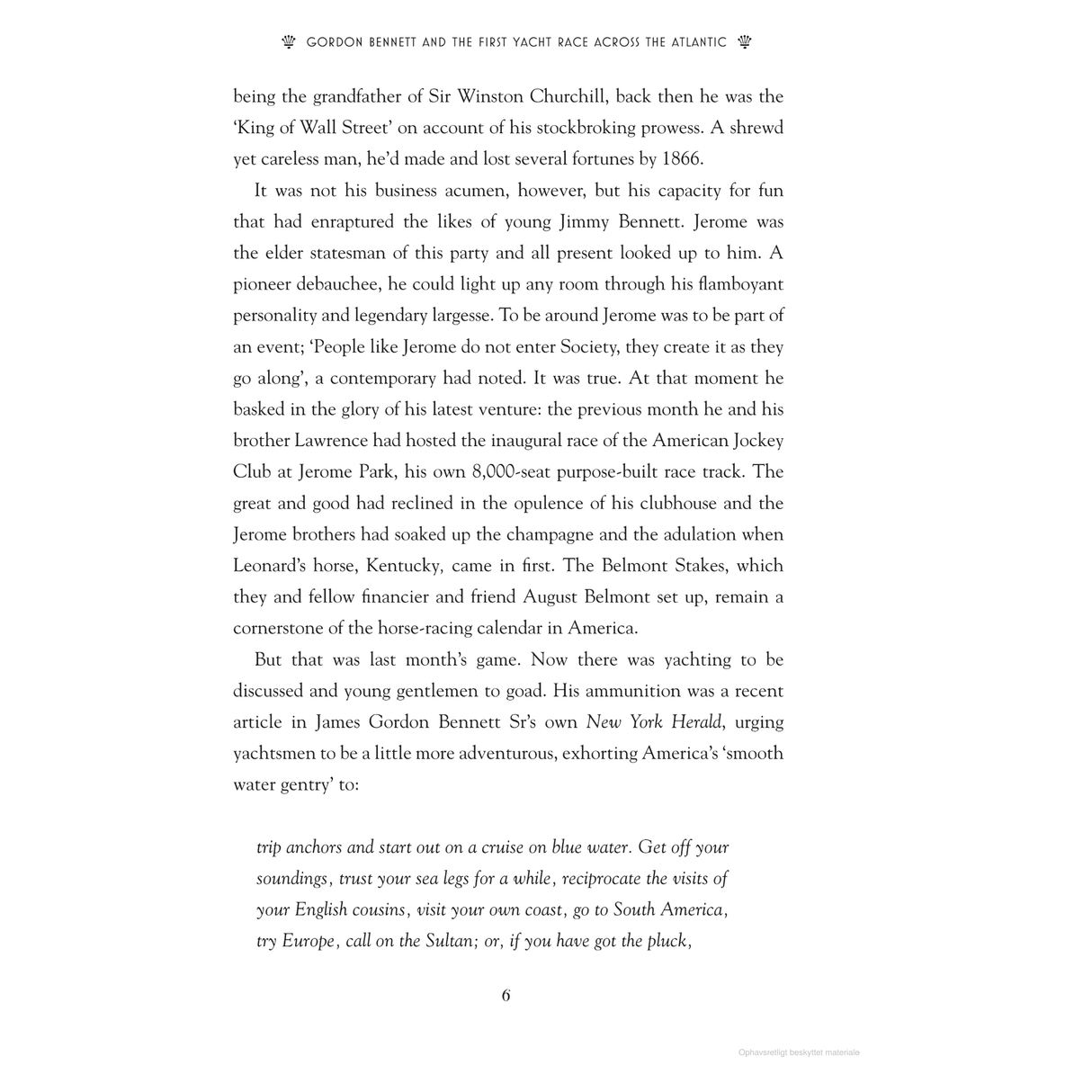 The page explores "Gordon Bennett and the First Yacht Race Across the Atlantic" by Adlard Coles, emphasizing James Gordon Bennett's key role, discussing the American Jockey Club's horse racing connections, and providing timeless ocean sailing advice.