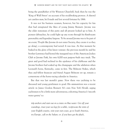 The page explores "Gordon Bennett and the First Yacht Race Across the Atlantic" by Adlard Coles, emphasizing James Gordon Bennett's key role, discussing the American Jockey Club's horse racing connections, and providing timeless ocean sailing advice.