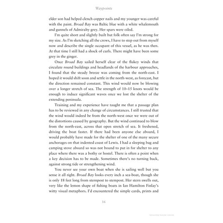 Page 16 of "Waypoints" by Adlard Coles features maritime storytelling, with vivid depictions of Broad Bay, the elder son's craft, and nautical metaphors that capture sea journeys along Scotland's west coast.