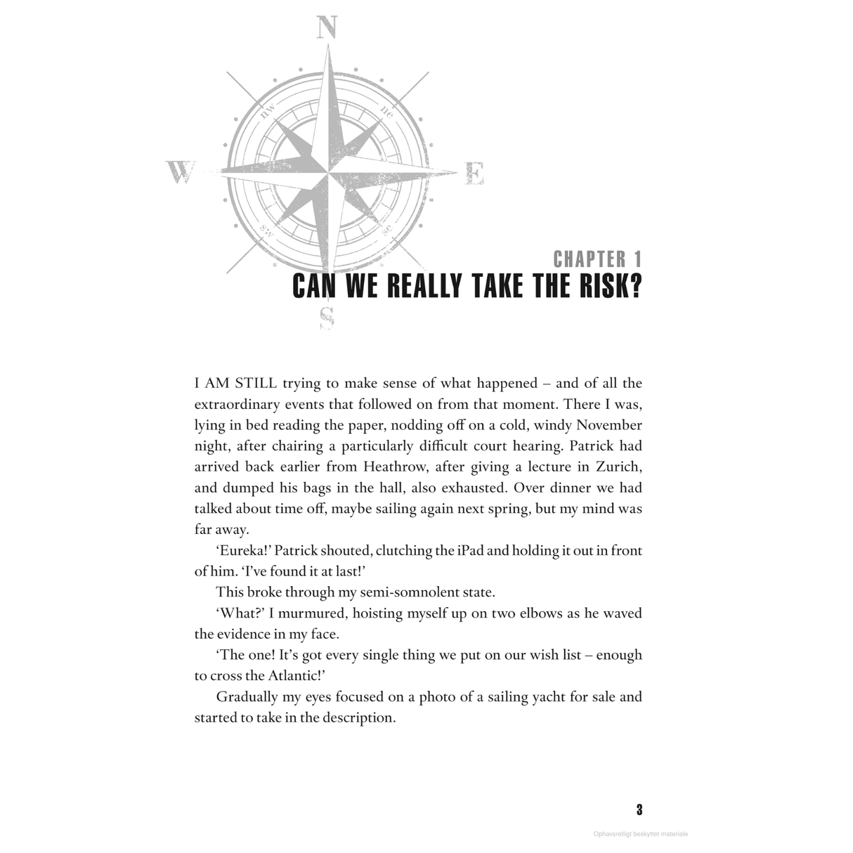 A page from the book titled "Salt in the Blood," published by Adlard Coles, showcases a compass rose above the title. The text vividly describes a cold, windy November night and features a sailing yacht's photo, hinting at an adventurous plot intertwined with one's personal journey.