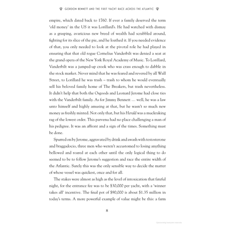 A page from "Gordon Bennett and the First Yacht Race Across the Atlantic" by Adlard Coles delves into the Lorillard family's history, their old money status, connections to Cornelius Vanderbilt and horse racing, and highlights James Gordon Bennett's role in transatlantic yacht races.