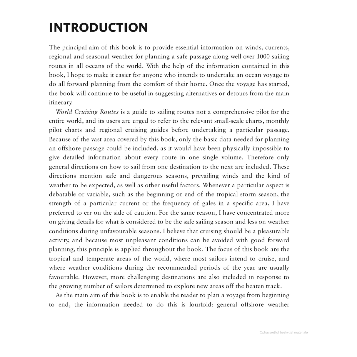 The "Introduction" section explores planning safe sea journeys via sailing routes and weather insights, key for cruising sailors. Based on World Cruising Routes by Adlard Coles, this book is an essential guide, with a textured background that enhances the reading experience.