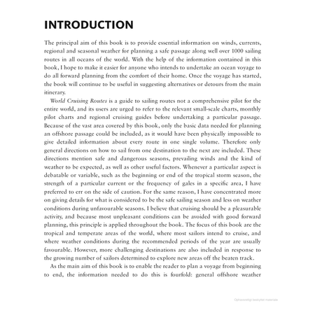 The "Introduction" section explores planning safe sea journeys via sailing routes and weather insights, key for cruising sailors. Based on World Cruising Routes by Adlard Coles, this book is an essential guide, with a textured background that enhances the reading experience.