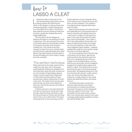 An instructional page titled "How to Lasso a Cleat" from the Adlard Coles' publication "Motor Boating Basics," guides you through the techniques for assigning a cleat to a line, essential for boat maintenance and navigation. The minimalist design with a white background neatly organizes content into sections with clear headings.