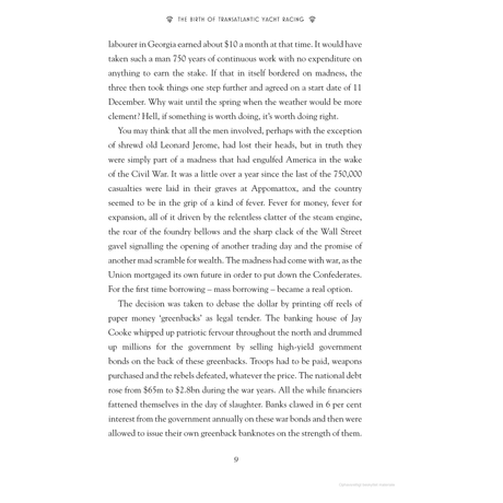 A vintage page titled "Gordon Bennett and the First Yacht Race Across the Atlantic" by Adlard Coles discusses Georgia labor costs, stone dam construction, and America's expansion via bonds and banknotes, inspired in part by James Gordon Bennett's passion for yacht racing.