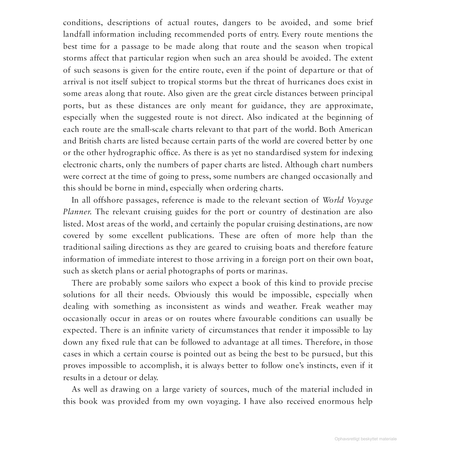 This page discusses maritime conditions and seasonal hazards, emphasizing the challenges of tropical storms. It provides navigational tips for voyages using Adlard Coles' World Cruising Routes and other essential charts to help sailors plan their routes effectively.