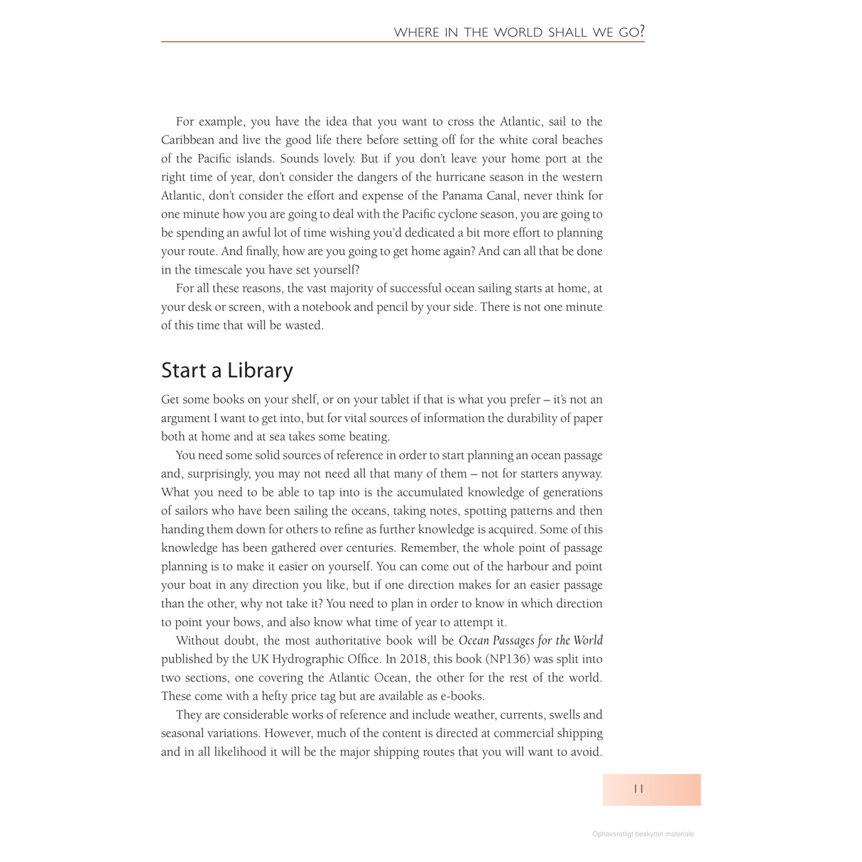 An open book titled "Ocean Sailing" by Adlard Coles reveals practical tips on travel, ocean sailing, and creating an onboard library. Its simple design includes a header "Where in the World Shall We Go?" and a subheading "Start a Library" for offshore cruising advice.