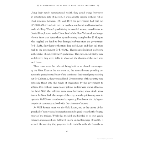 A page from "Gordon Bennett and the First Yacht Race Across the Atlantic" by Adlard Coles explores historical financial practices and developments, featuring financiers like JP Morgan, the transatlantic railroad expansion, its economic impact on wealth, and recounts a yacht race representing that era's opulence.