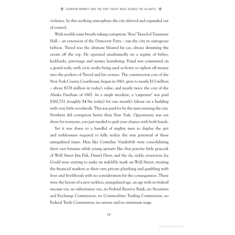 A typed page on NYC corruption, highlighting "Boss" Tweed, Tammany Hall, and bribery in the absence of financial regulatory bodies, parallels James Gordon Bennett's intrigue with transatlantic yacht racing as detailed in Adlard Coles' "Gordon Bennett and the First Yacht Race Across the Atlantic.