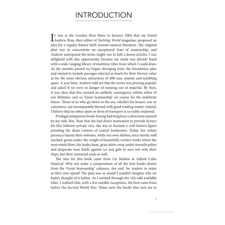 An "Introduction" section in "In the Wake of Heroes" by Adlard Coles explores a proposed navigational feature inspired by yachting literature, reflecting on the link between sailing tales and maritime navigation with insights from experts like Tom Cunliffe.