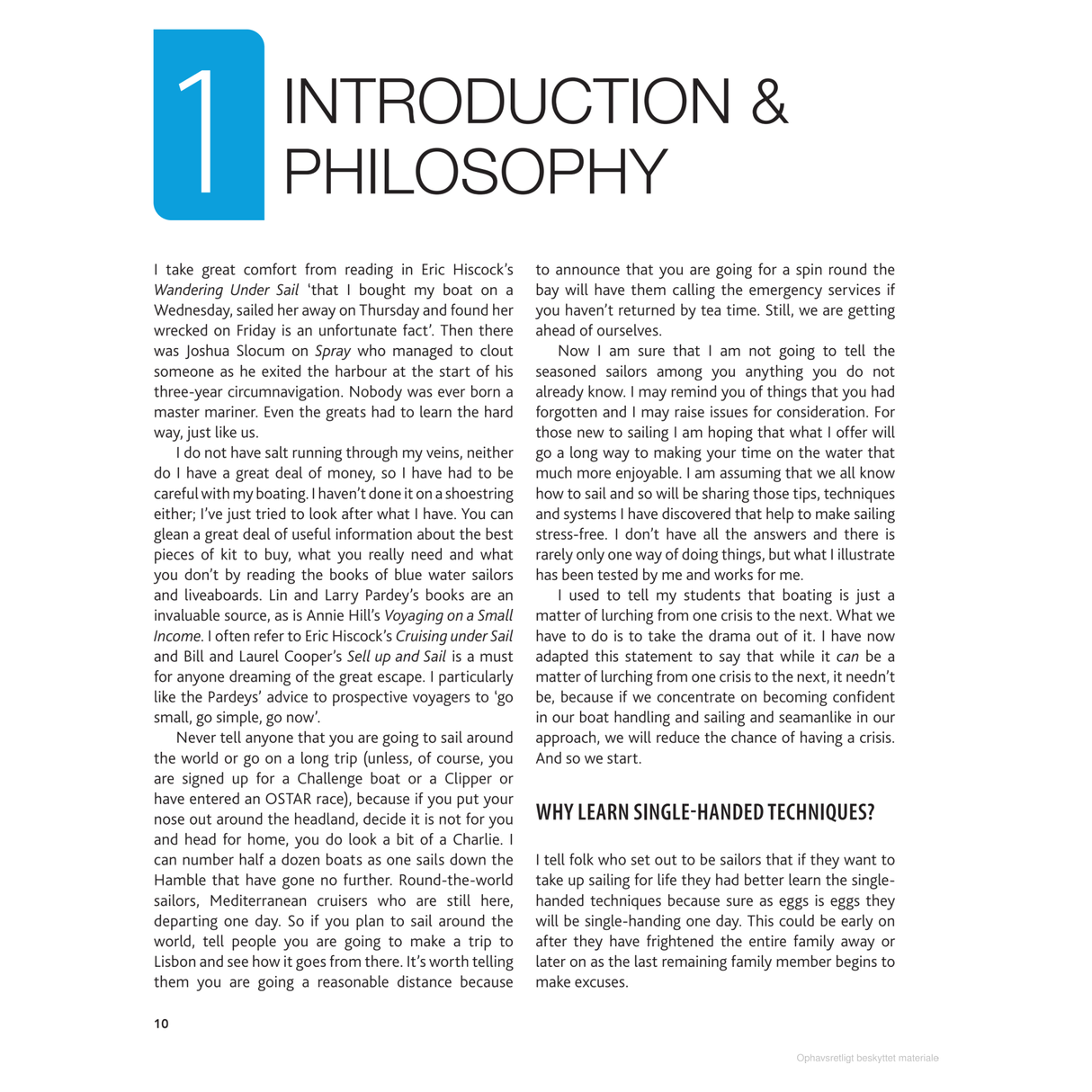 The "Introduction & Philosophy" page explores safe boating with careful planning and navigation for cruising sailors, referencing Stress-Free Sailing by Adlard Coles and Eric Hiscock's book, emphasizing emergency preparation and helping others.