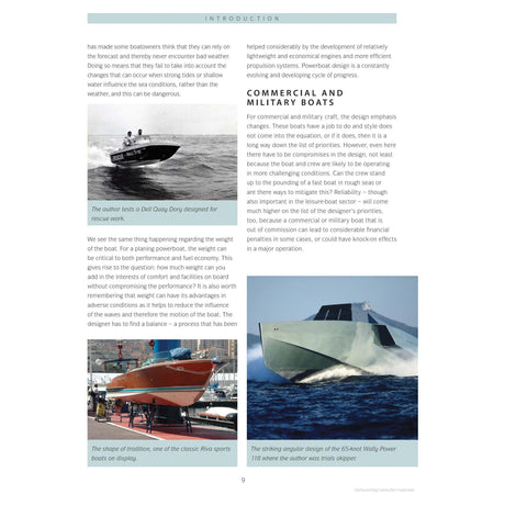 A magazine page features engaging text on commercial and military boats, accompanied by images of a person testing a vessel, Adlard Coles' Powerboat Design and Performance, and the impressive angular hull design of a GC-65m Royal Navy Power boat. The layout is enhanced with columns and captions that highlight powerboat performance.