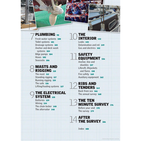 The "Be Your Own Boat Surveyor" guide by Adlard Coles includes a meticulously organized table of contents with sections on plumbing, masts and rigging, the electrical system, the interior, safety equipment, ribs, and tenders. Each section is crafted to assist in inspecting systems and evaluating their condition both during and after the ten-minute survey.