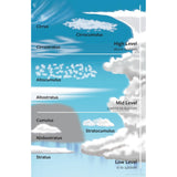 The "Reading the Clouds" diagram by Adlard Coles features essential cloud formations for weather forecasting at various altitudes. At the top, it displays high-level clouds: Cirrus, Cirrocumulus, and Cirrostratus. The middle section shows mid-level clouds: Altocumulus and Altostratus. Finally, at the bottom, it highlights low-level clouds: Cumulus, Stratocumulus, Nimbostratus, and Stratus. Each level is clearly labeled as High, Mid, or Low with their corresponding altitudes.