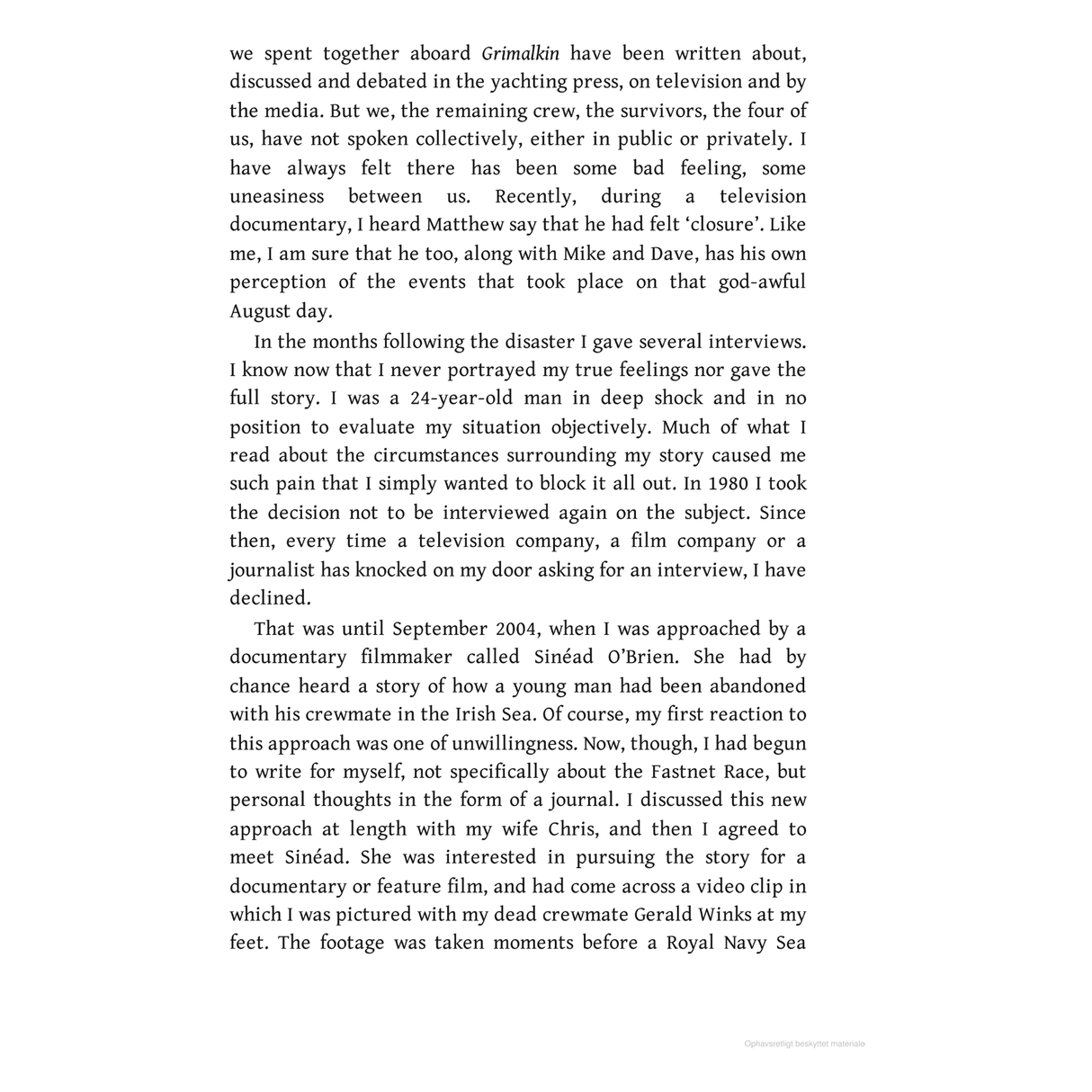 A text document titled "Left For Dead" by Adlard Coles, recounts personal experiences surrounding a ship disaster during the 1979 storm at the Fastnet Race. It details feelings of loss, media involvement, and a survival story shared during interviews.