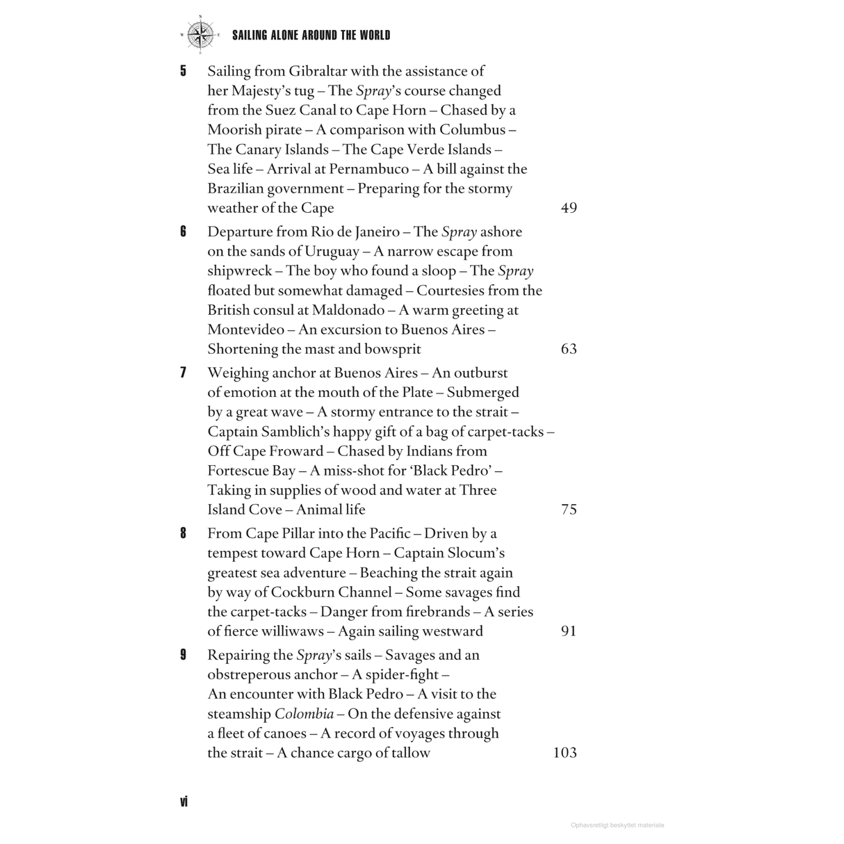 A page from Adlard Coles' "Sailing Alone Around the World" displays the table of contents, outlining Joshua Slocum's solo circumnavigation. Chapters 5 to 12 cover his sail from Gibraltar, navigating around Cape Horn, and adventures in the Pacific, each accompanied by its starting page number.