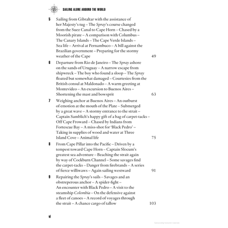 A page from Adlard Coles' "Sailing Alone Around the World" displays the table of contents, outlining Joshua Slocum's solo circumnavigation. Chapters 5 to 12 cover his sail from Gibraltar, navigating around Cape Horn, and adventures in the Pacific, each accompanied by its starting page number.