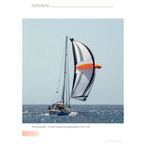 A sailboat with a colorful spinnaker glides over the ocean under a clear sky. The sea sparkles in the sunlight, suggesting offshore cruising serenity. Text reads, "Embark on an Ocean Sailing adventure with Adlard Coles—the horizon beckons.