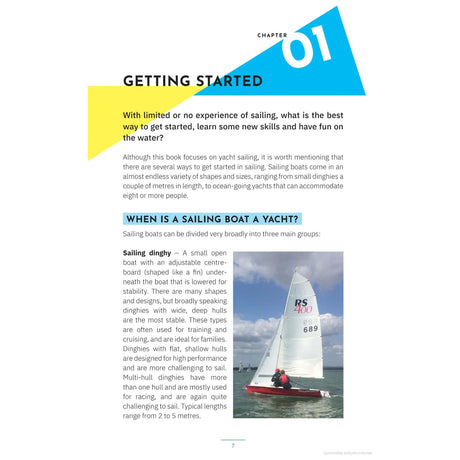 The "Getting Started" page features a photo of colorful sailboats and text from Adlard Coles' "Go Sailing" by Simon Jollands, explaining sailing dinghy, keelboat, and yacht. A blue box poses the question, "When is a sailing boat a yacht?.