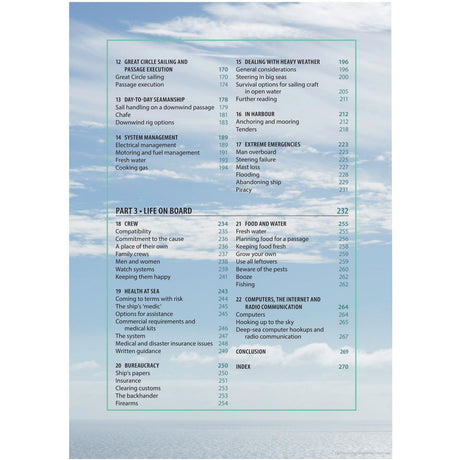 The table of contents page from "The Complete Ocean Skipper" by Adlard Coles covers a range of topics on ocean sailing and maritime activities. These include great circle sailing, seamanship, system management, life on board, dealing with emergencies, and various other essential subjects for skippers.