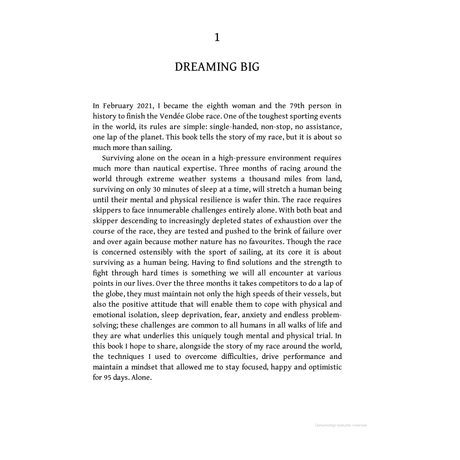 Page titled "In My Element" with text about Pip Hare's experience completing the Vendée Globe, discussing challenges and survival in the solo ocean race, and highlighting the importance of mental resilience and life lessons learned at sea. Published by Adlard Coles.