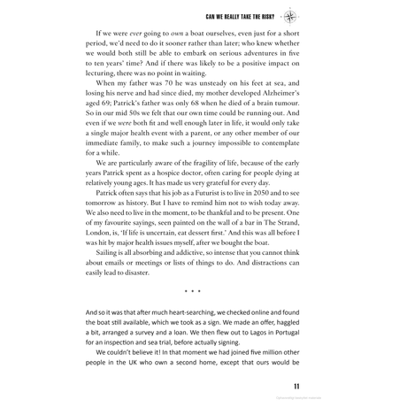 A page from the book "Salt in the Blood" by Adlard Coles explores themes of life's fragility, aging, and personal experiences. It emphasizes seizing the moment as one navigates their personal journey, with a focus on gratitude and confronting daily concerns with simplicity. The page number 11 is visible at the bottom.