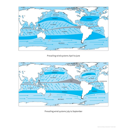 Adlard Coles' World Cruising Routes provides world maps showing prevailing wind systems from April to June and July to September, crucial for sailors. Trade winds, westerlies, and monsoons are marked across seas and lands with blue arrows depicting sailing routes.