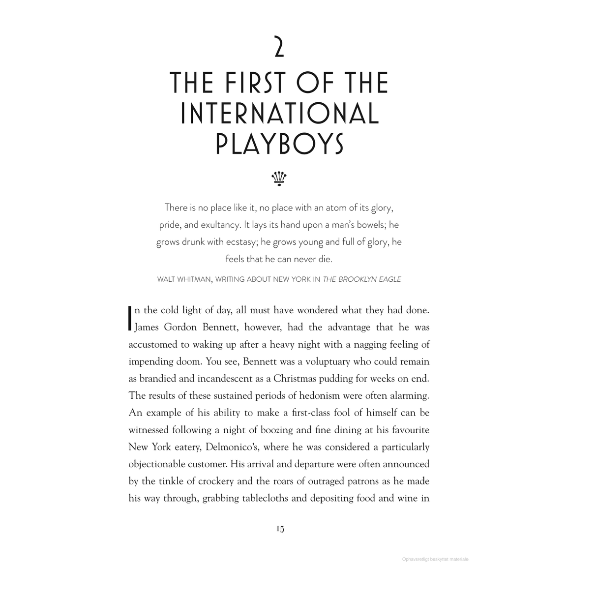 Page 15 of "Gordon Bennett and the First Yacht Race Across the Atlantic" by Adlard Coles features a chapter titled "The First of the International Playboys," with a Walt Whitman quote about New York, narrating Sam Jefferson's adventures amidst Bennett's extravagant lifestyle.