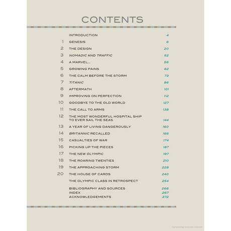 An image of the table of contents from the book "Olympic Titanic Britannic" by Adlard Coles showcases 20 chapters, featuring captivating topics such as "Introduction," "The Design," "Titanic and the Olympic Class," and "The Roaring Twenties," along with additional sections.