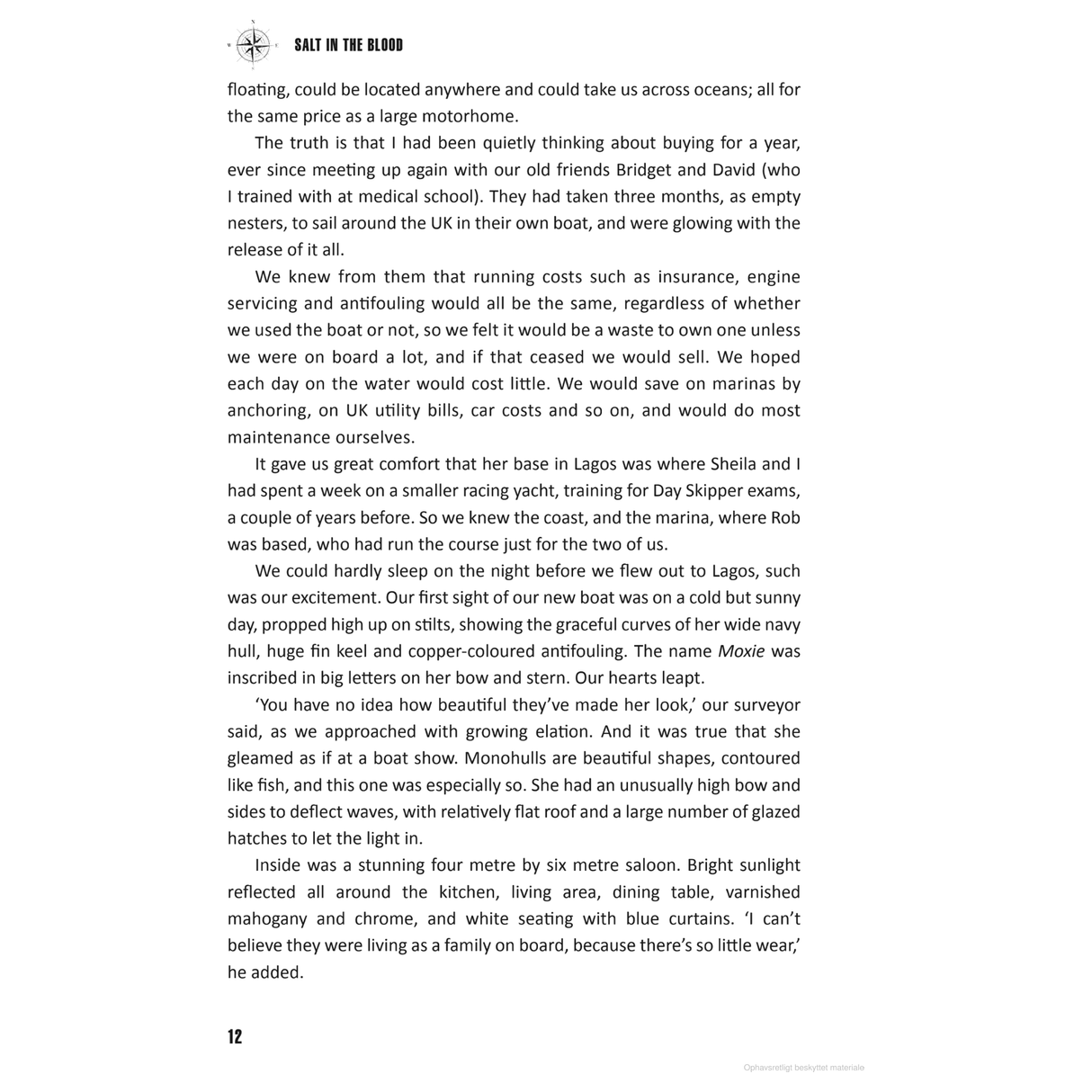 A page from Adlard Coles' novel, "Salt in the Blood," features narratives detailing a family's personal voyage on a boat. The text conveys their shared experiences of training and captures the joy of a moonlit sail as potentially the highlight of their adventure together.