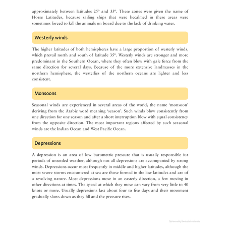 The text from "World Cruising Routes" by Adlard Coles explains weather phenomena such as westerly winds, monsoons, and depressions, detailing how geographical features like latitudes and seasonal changes impact ocean areas, including the risk of ships losing drinking water for sailors.