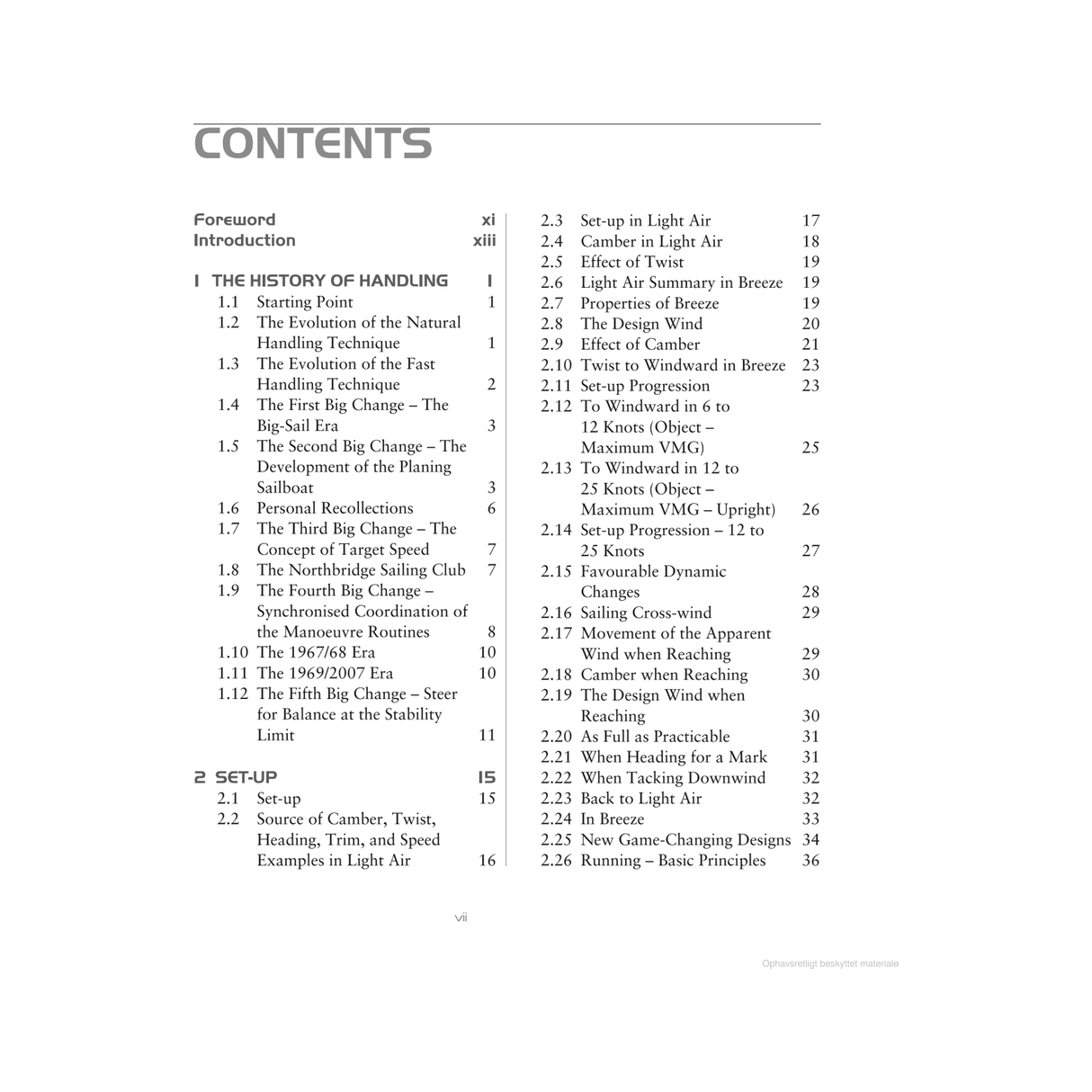 The table of contents from "Fast Handling Technique" by Adlard Coles encompasses sections on racing strategies, delving into history, sailing expertise, and design. Topics include the single-handed era, tacking, sail trim, and running. Pages are neatly numbered in the right column.