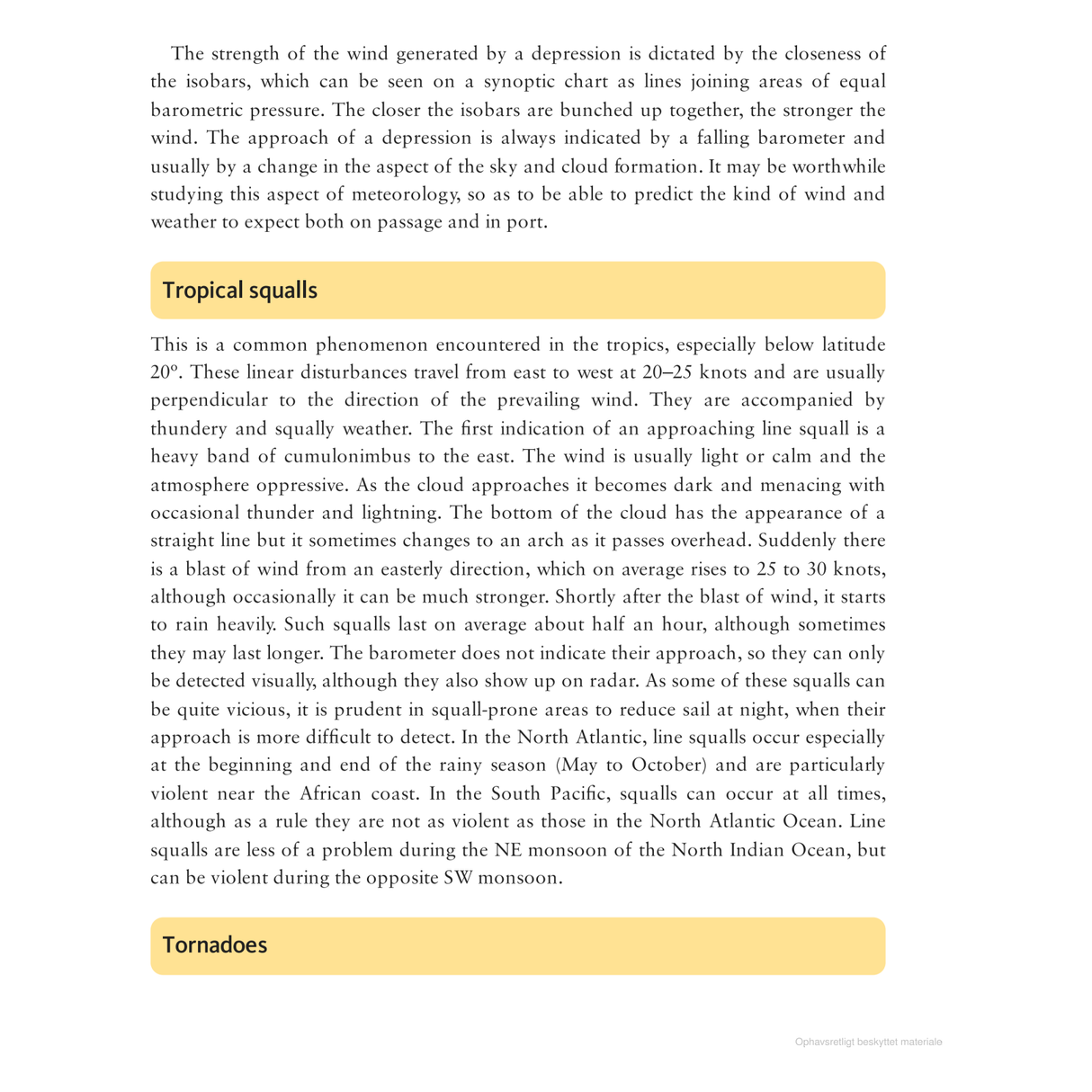 A page from Adlard Coles' "World Cruising Routes" covers tropical squalls and tornadoes, featuring black text with yellow and green headers on a light background. Sections are divided by horizontal lines to describe weather phenomena vital for sailors evaluating sailing routes.