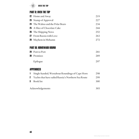 A table of contents for the Adlard Coles product "Over the Top" includes Part II, which covers chapters from pages 219 to 272, and Part III with chapters on pages 281 to 299. It guides readers through an Epic Challenge, featuring Appendices from pages 298 to 300 and concluding with Acknowledgements on page 303.