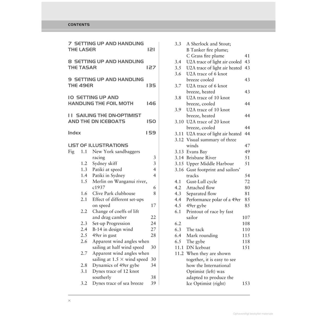 A text-heavy page showcases the table of contents from a book by a sailing expert, featuring chapters on setting up and handling various boats. It includes "Fast Handling Technique" by Adlard Coles, a list of illustrations, and titles covering topics like sea breeze, knots, air temperatures, and racing strategies.