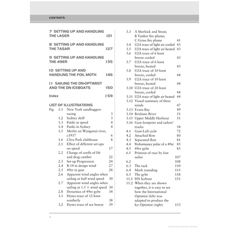 A text-heavy page showcases the table of contents from a book by a sailing expert, featuring chapters on setting up and handling various boats. It includes "Fast Handling Technique" by Adlard Coles, a list of illustrations, and titles covering topics like sea breeze, knots, air temperatures, and racing strategies.