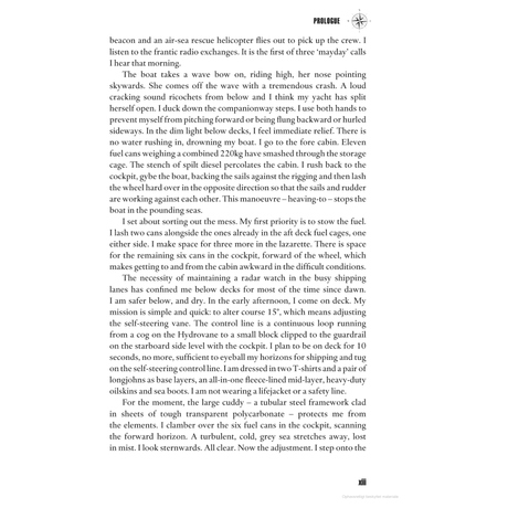 The page unfolds an epic challenge as the vessel in "Over the Top" by Adlard Coles confronts a perilous wave, taking on water amid deafening noise. A rescue operation ensues, and amidst the chaos, the storyteller, feeling fear, surveys their surroundings on this gripping maritime journey.